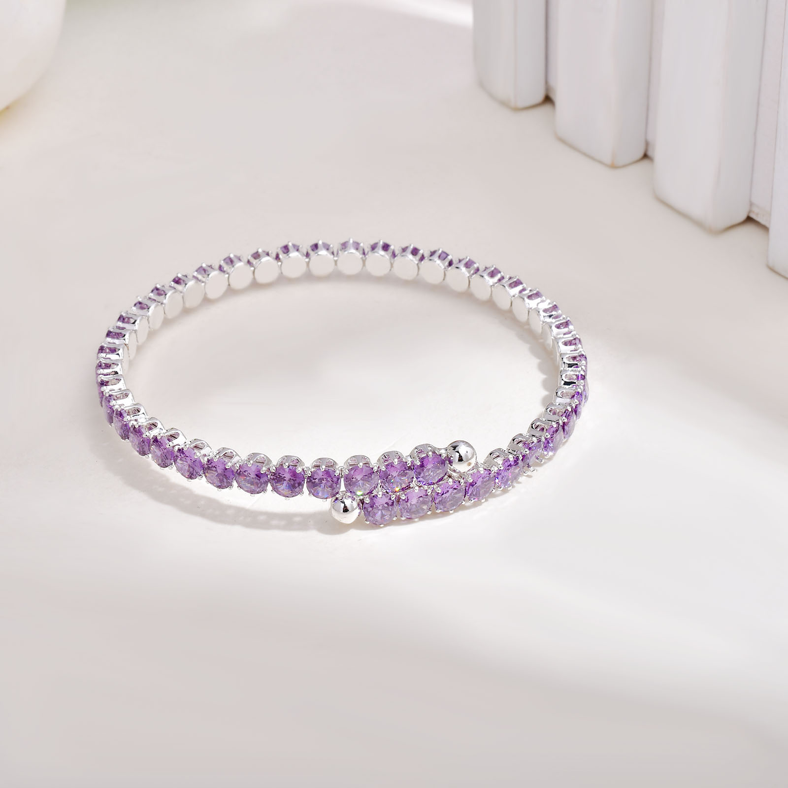 Handmade Round Bangle For Women In Copper With Silver Plated Water Plating And Zircon Inlay 2