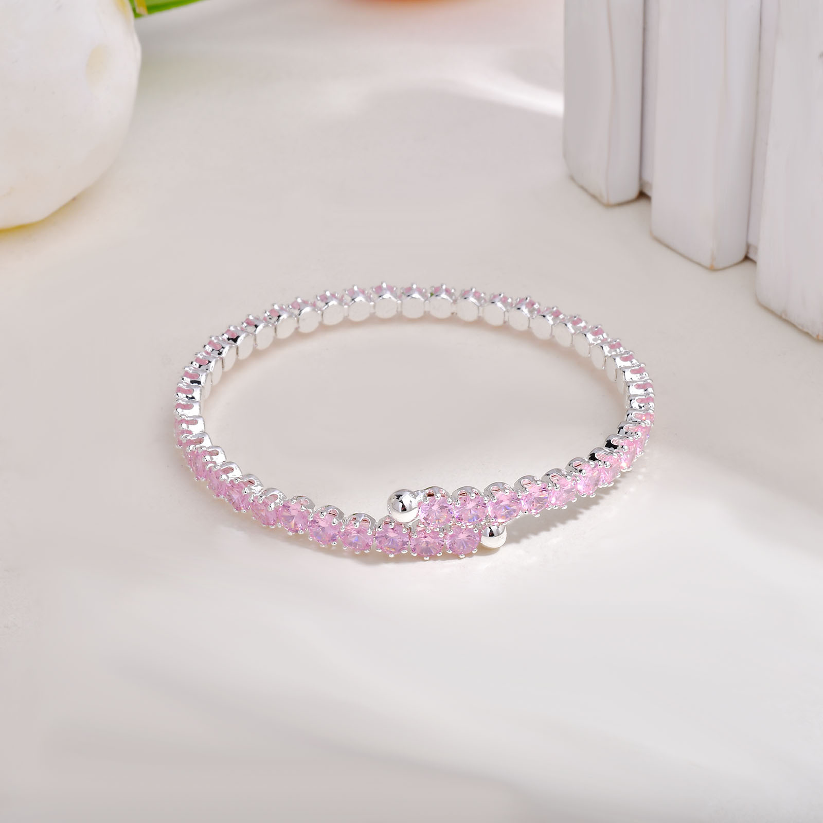 Handmade Round Bangle For Women In Copper With Silver Plated Water Plating And Zircon Inlay 8