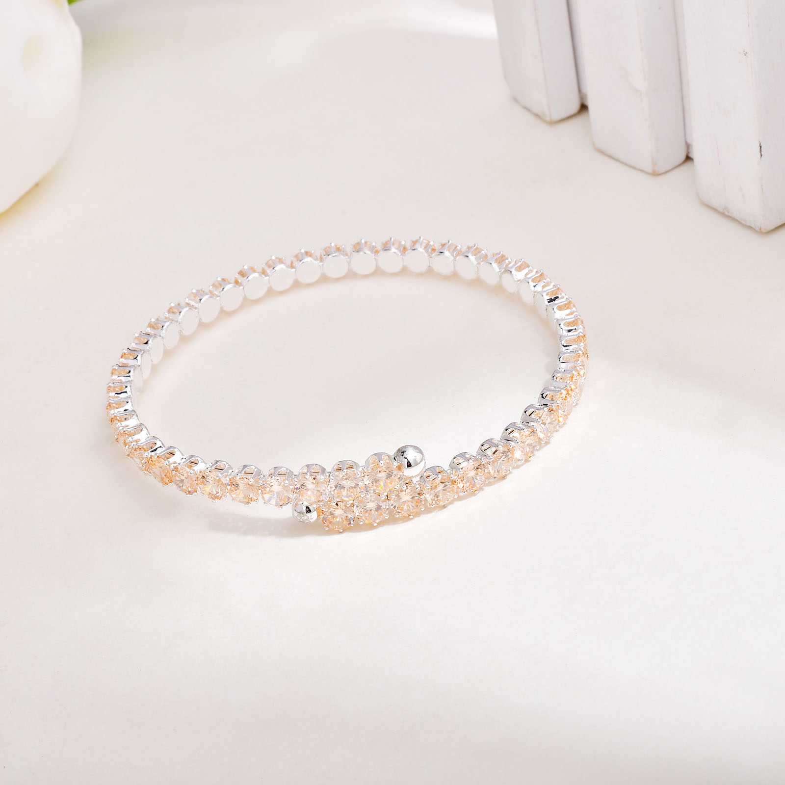 Handmade Round Bangle For Women In Copper With Silver Plated Water Plating And Zircon Inlay 9