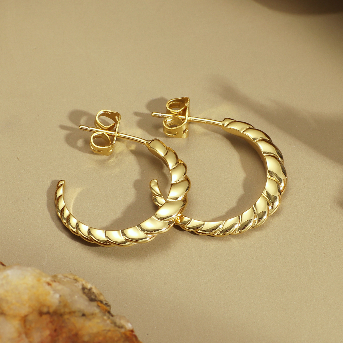 Handmade Twist Stud Earrings For Women In Copper With 18K Real Gold Electroplated Coating 0.03µm-0.05µm Thickness