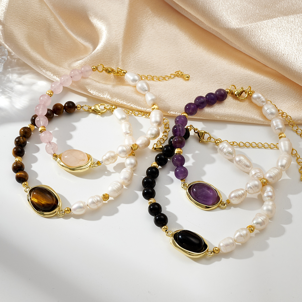 Handmade Unisex Bracelet With Oval Freshwater Pearl, 18K Real Gold Plated Beaded Chain, 0.03µm Thickness 2