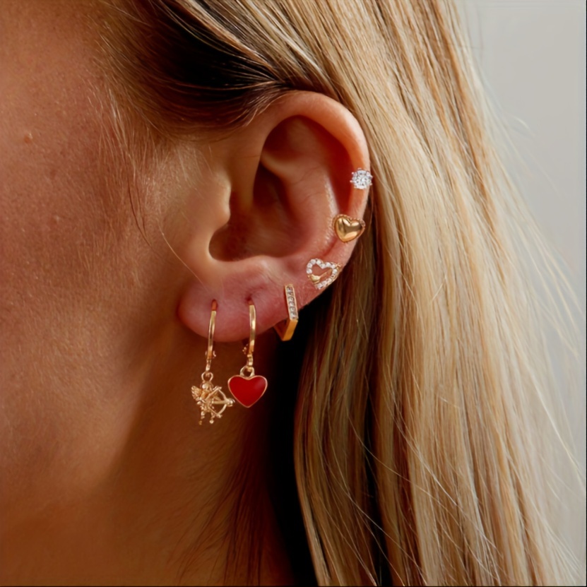 Heart Shape Asymmetrical Earrings For Women, Electroplated Copper With 18K Real Gold Plated And Synthetic Zircon Inlay