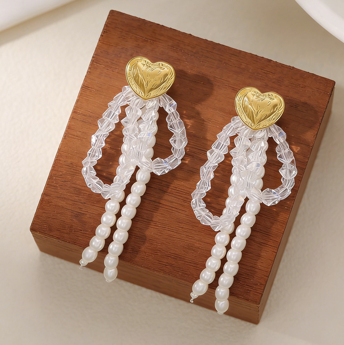 Heart Shape Beaded Stud Earrings For Women In Golden Plated Copper With Pearl Inlay, Electroplated Finish