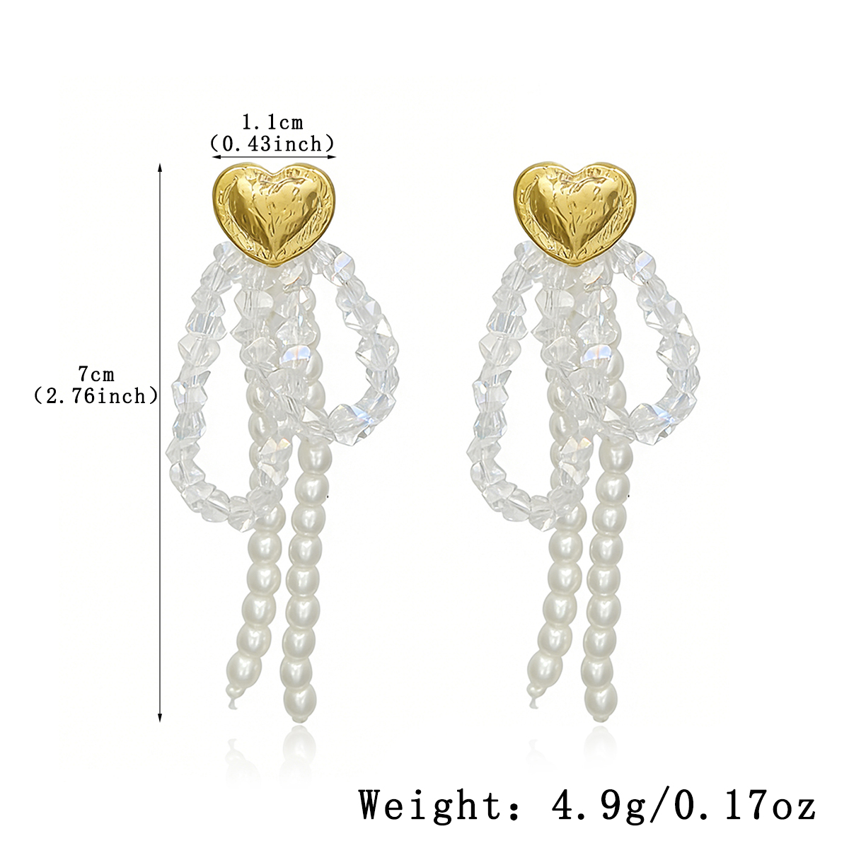 Heart Shape Beaded Stud Earrings For Women In Golden Plated Copper With Pearl Inlay, Electroplated Finish 2
