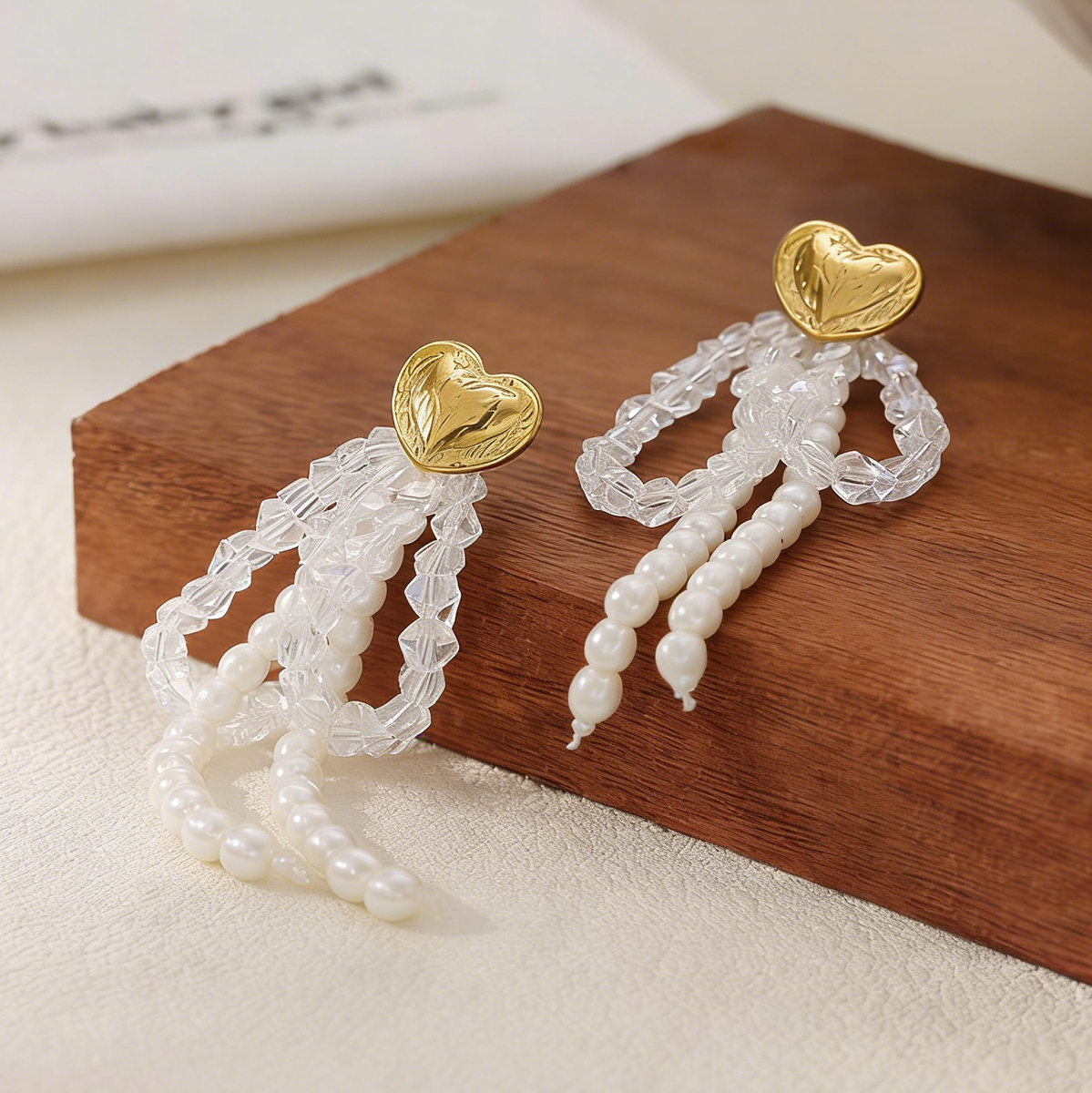 Heart Shape Beaded Stud Earrings For Women In Golden Plated Copper With Pearl Inlay, Electroplated Finish 3