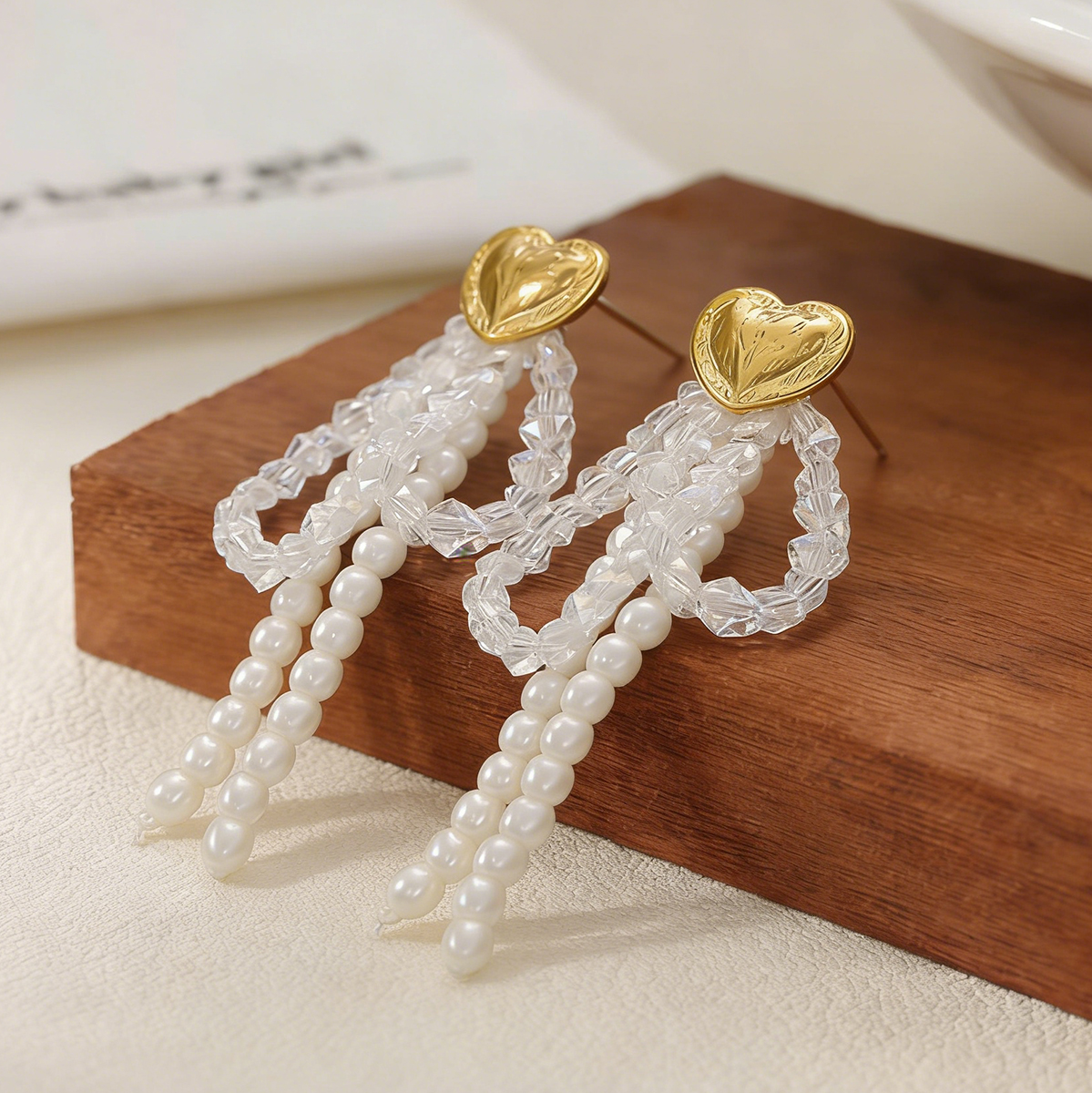Heart Shape Beaded Stud Earrings For Women In Golden Plated Copper With Pearl Inlay, Electroplated Finish 4
