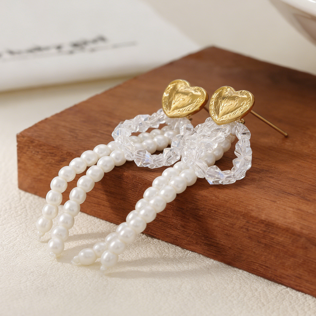 Heart Shape Beaded Stud Earrings For Women In Golden Plated Copper With Pearl Inlay, Electroplated Finish 5