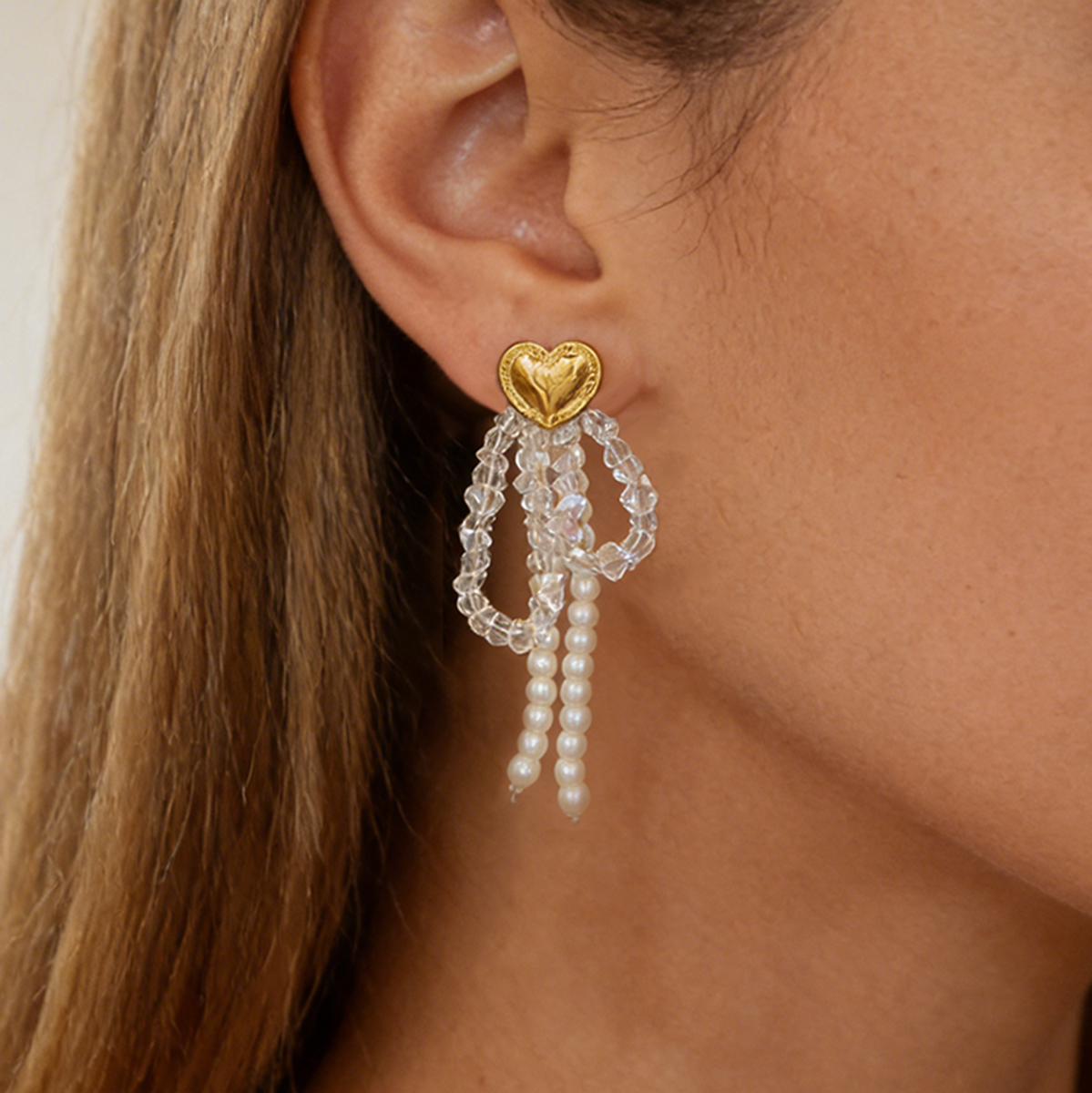 Heart Shape Beaded Stud Earrings For Women In Golden Plated Copper With Pearl Inlay, Electroplated Finish 6