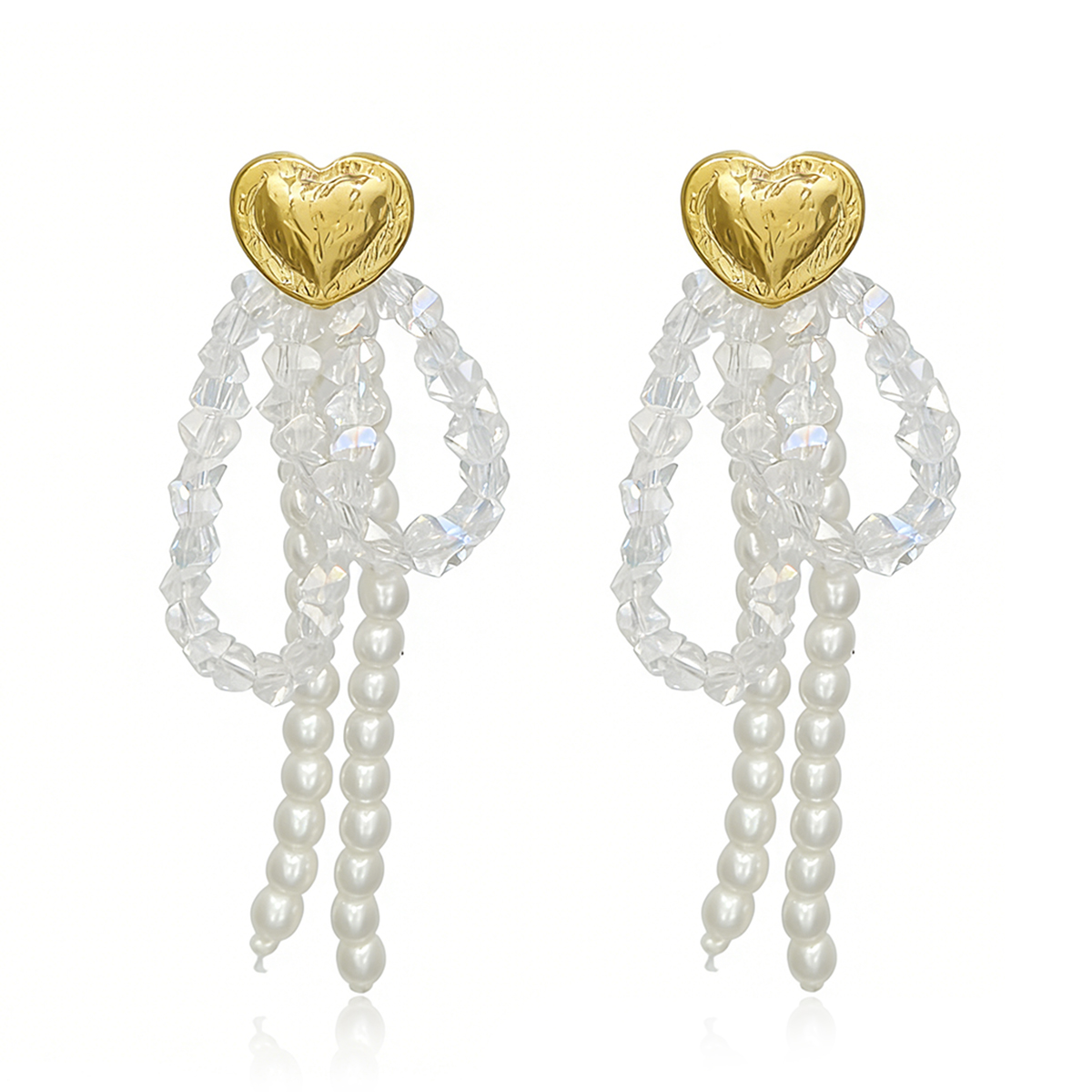 Heart Shape Beaded Stud Earrings For Women In Golden Plated Copper With Pearl Inlay, Electroplated Finish 7