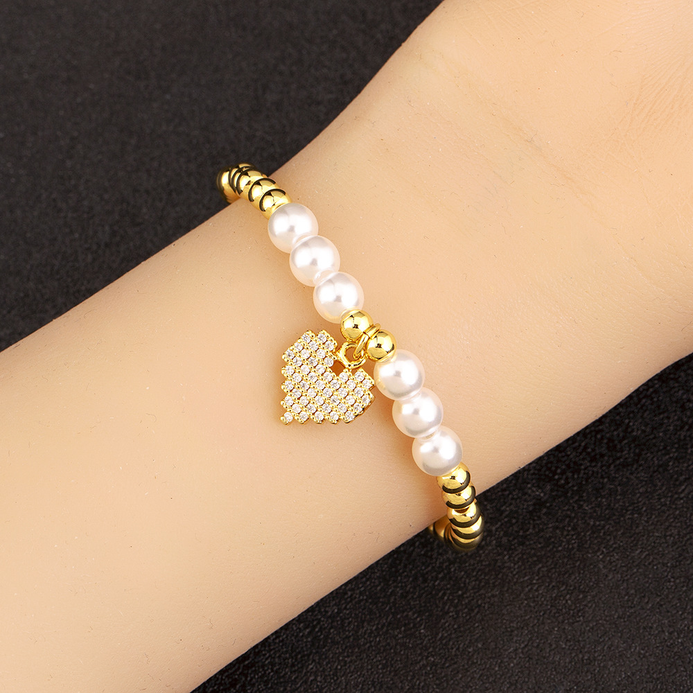 Heart Shape Beaded Bracelet For Women In Copper With Golden Electroplated Finish And Imitation Pearl Inlay 3