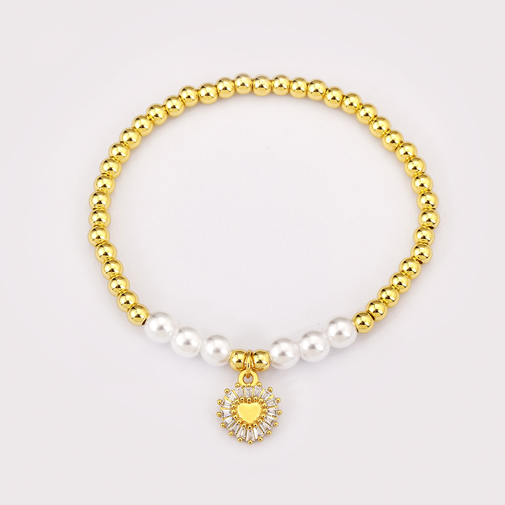 Heart Shape Beaded Bracelet For Women In Copper With Golden Electroplated Finish And Imitation Pearl Inlay 5