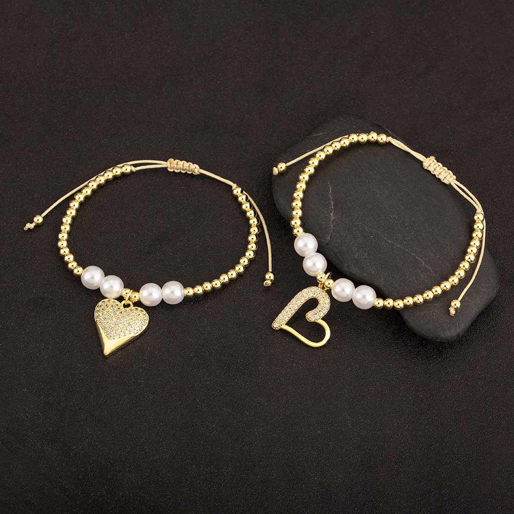 Heart Shape Beaded Bracelet For Women In Copper With 18K Real Gold Plated Electroplated Finish And Zircon Inlay