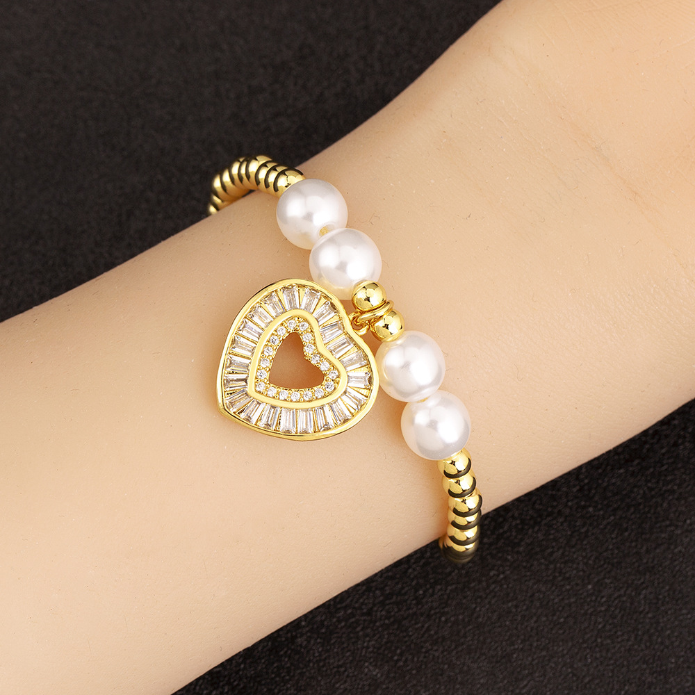 Heart Shape Beaded Bracelet For Women In Copper With 18K Real Gold Plated Electroplated Finish And Zircon Inlay 3