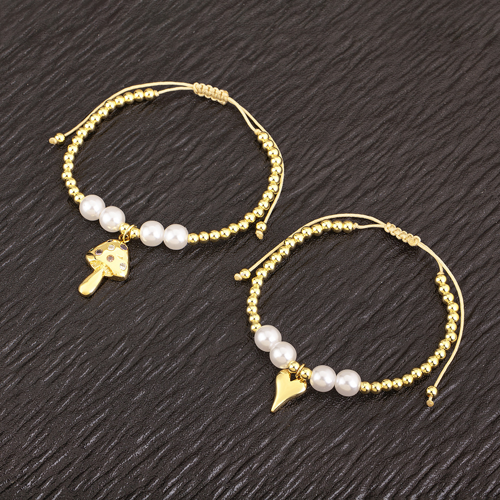 Heart Shape Beaded Bracelet For Women In Copper With 18K Real Gold Plated Electroplated Finish And Zircon Inlay 4