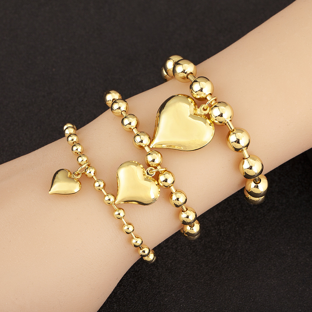 Heart Shape Beaded Bracelet For Women, Copper With 18K Real Gold Electroplated Finish, Featuring Beads