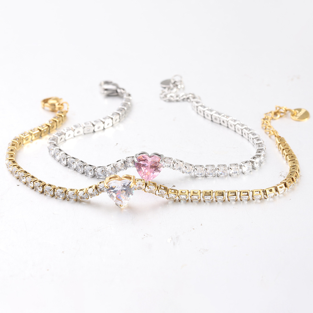 Heart Shape Bracelet For Women In 304 Stainless Steel With Zircon Inlay, Simple Style