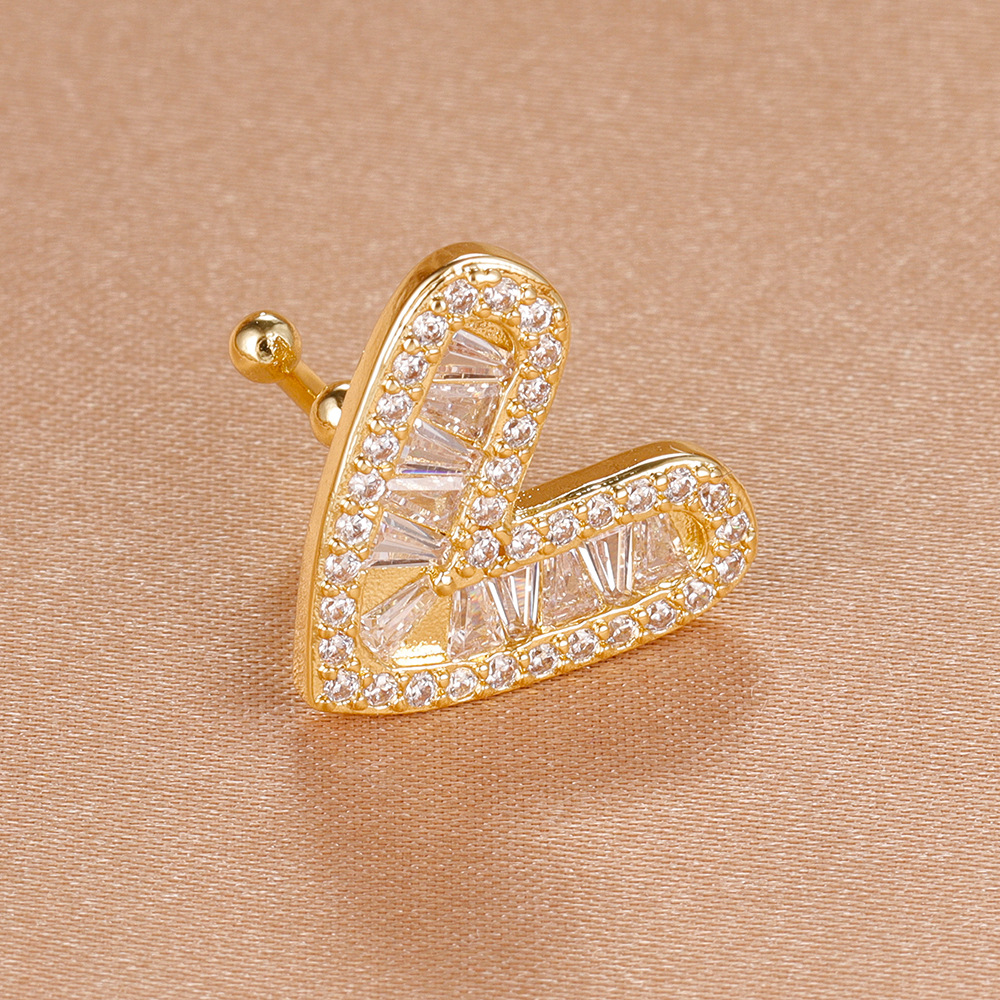 Heart Shape Clip Earrings For Women In Copper With Zircon Inlay And Bezel Setting, New Style 3