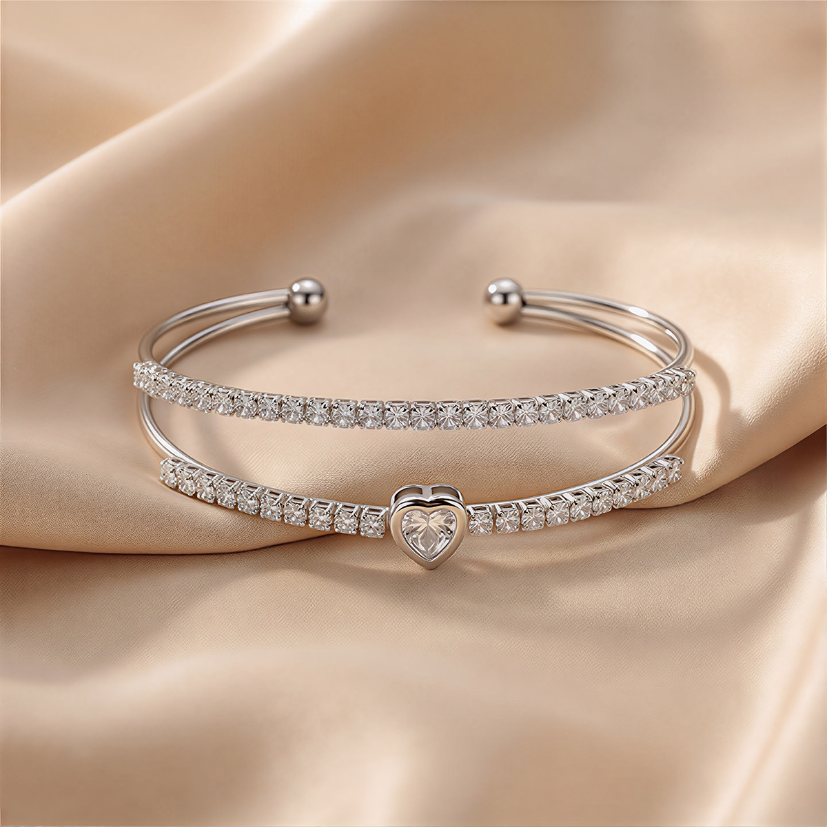 Heart Shape Copper Bangle For Women With Zircon Inlay In Sweet Style Bracelet