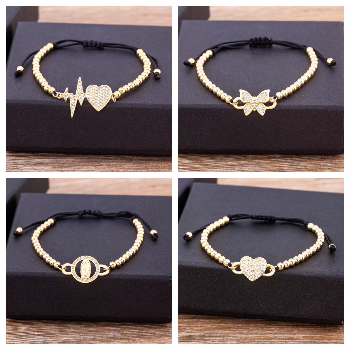 Heart Shape Copper Bracelets With Beading, 18K Real Gold Plated Electroplated Finish, Stretch Adjustable Bangle