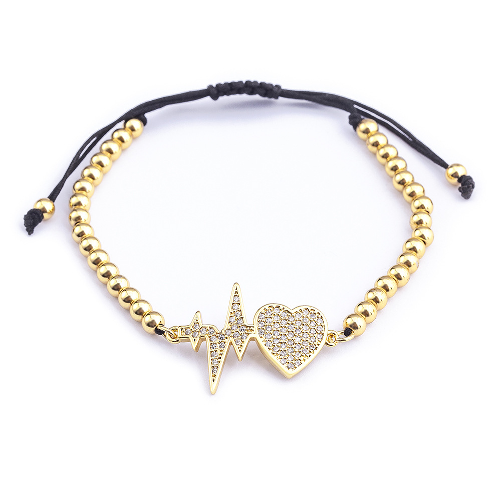 Heart Shape Copper Bracelets With Beading, 18K Real Gold Plated Electroplated Finish, Stretch Adjustable Bangle 5