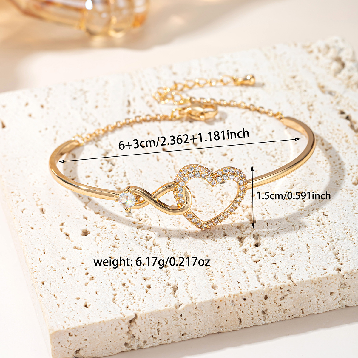 Heart Shape Couple Bangle Bracelet In Copper With Electroplated Gold Plating And Zircon Inlay, Sweet Style 2