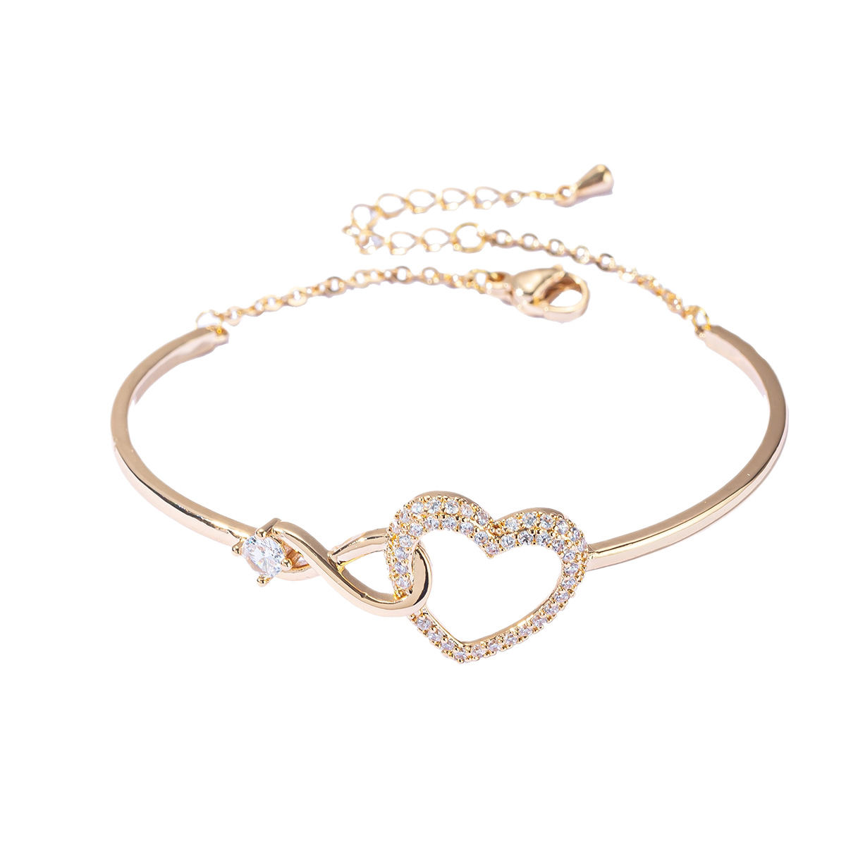 Heart Shape Couple Bangle Bracelet In Copper With Electroplated Gold Plating And Zircon Inlay, Sweet Style 5