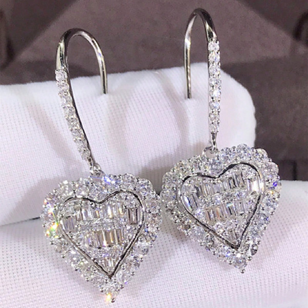 Heart Shape Drop Earrings For Women With Claw Setting, White K Plated Copper, Water Plating, And Zircon Inlay