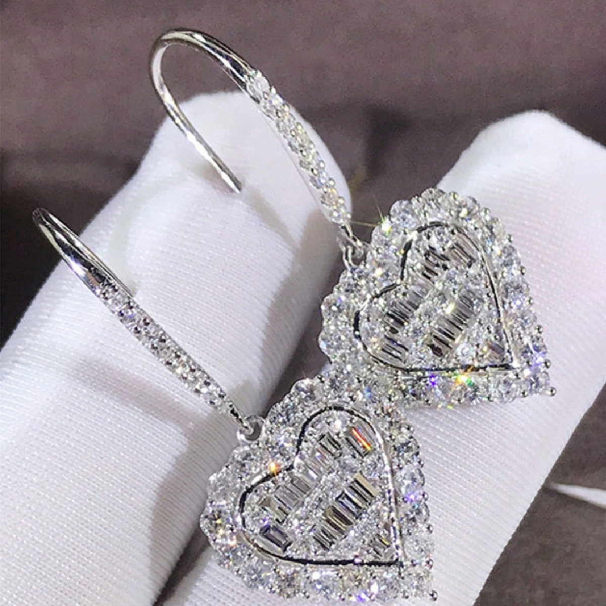 Heart Shape Drop Earrings For Women With Claw Setting, White K Plated Copper, Water Plating, And Zircon Inlay 2