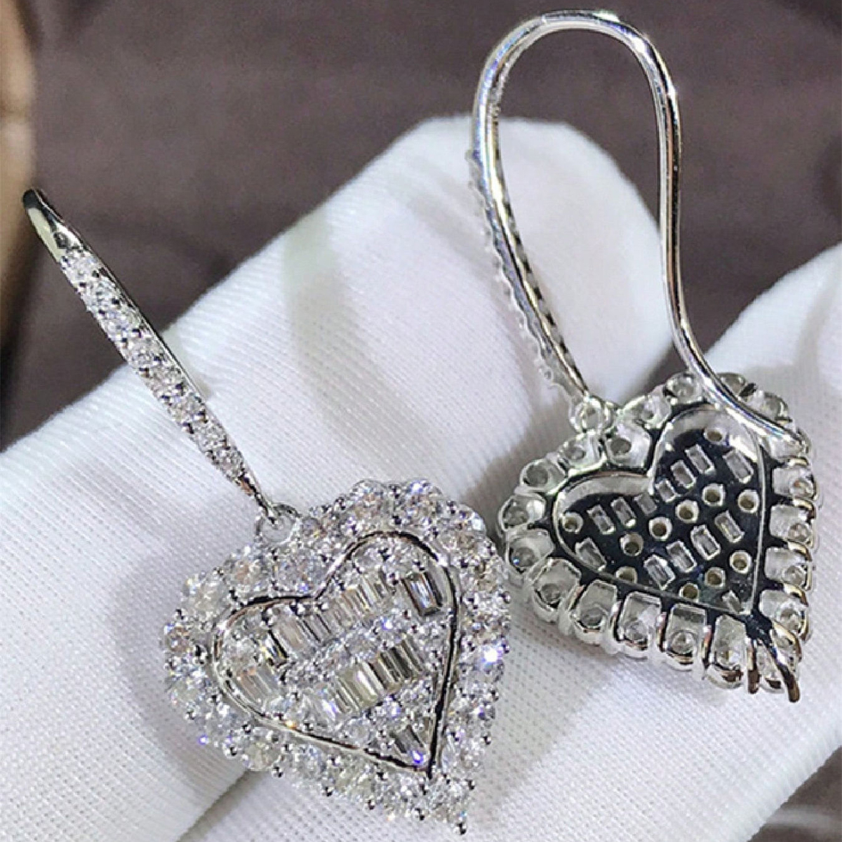 Heart Shape Drop Earrings For Women With Claw Setting, White K Plated Copper, Water Plating, And Zircon Inlay 3
