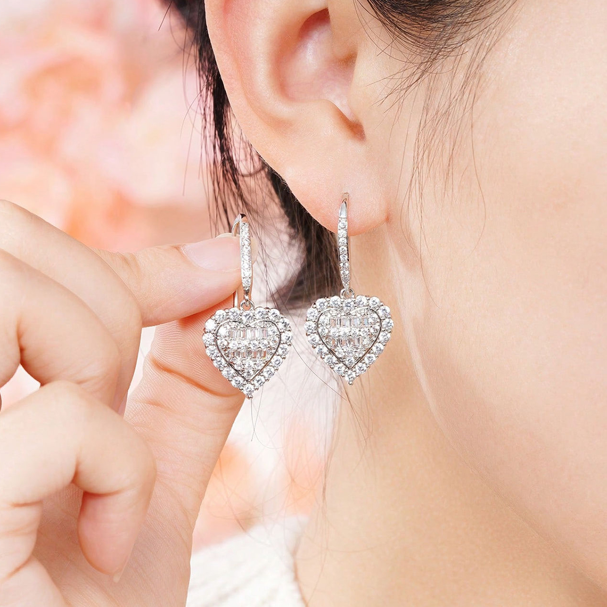 Heart Shape Drop Earrings For Women With Claw Setting, White K Plated Copper, Water Plating, And Zircon Inlay 4