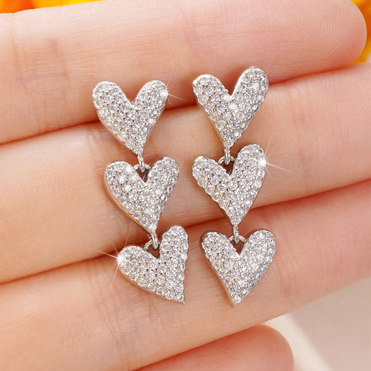 Heart Shape Drop Earrings For Women With Claw Setting, White K Plated Copper Featuring Zircon And Water Plating Process