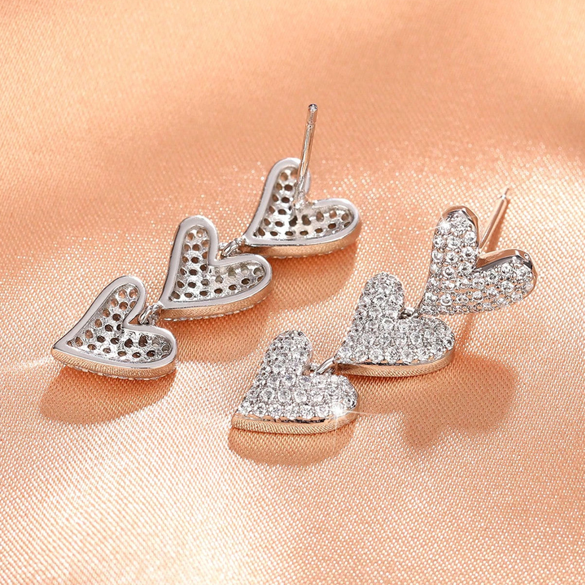 Heart Shape Drop Earrings For Women With Claw Setting, White K Plated Copper Featuring Zircon And Water Plating Process 5