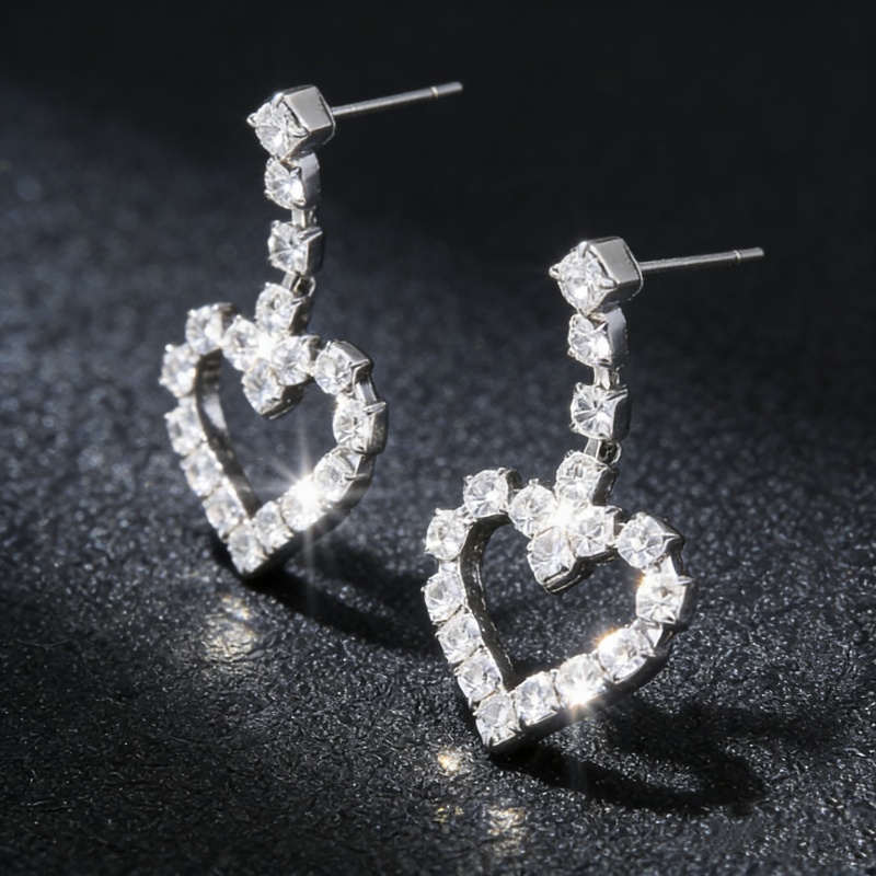 Heart Shape Drop Earrings For Women, Electroplated Silver Plated Copper With Rhinestones, 0.03µm-0.05µm Plating Thickness