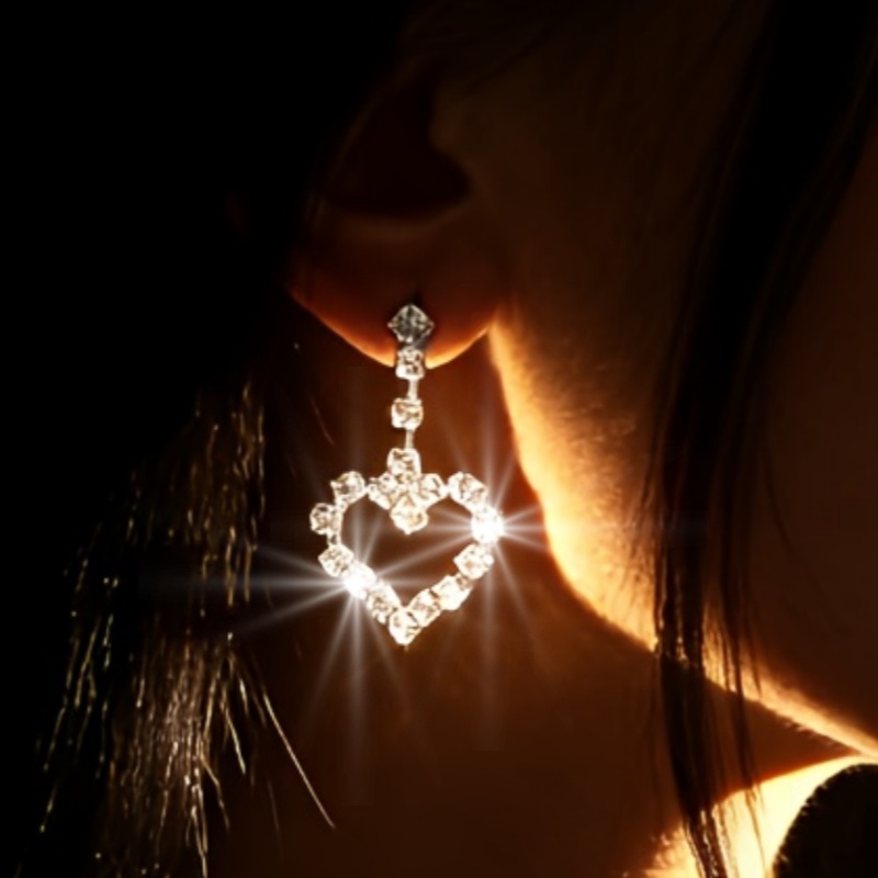 Heart Shape Drop Earrings For Women, Electroplated Silver Plated Copper With Rhinestones, 0.03µm-0.05µm Plating Thickness 2