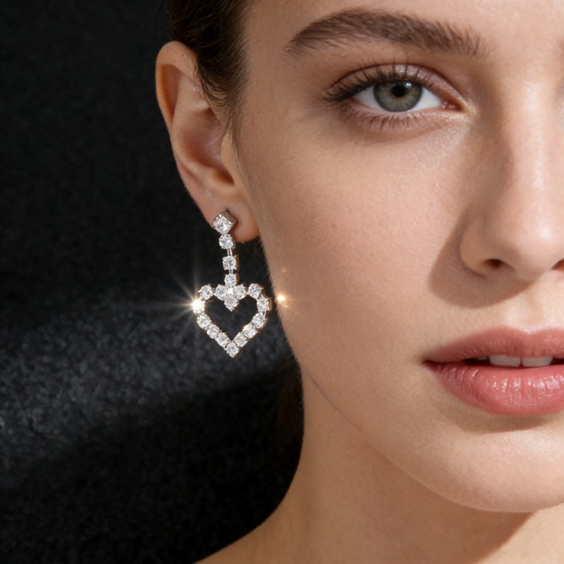Heart Shape Drop Earrings For Women, Electroplated Silver Plated Copper With Rhinestones, 0.03µm-0.05µm Plating Thickness 3