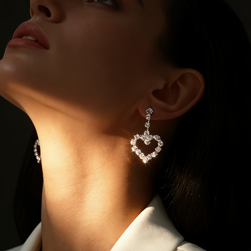 Heart Shape Drop Earrings For Women, Electroplated Silver Plated Copper With Rhinestones, 0.03µm-0.05µm Plating Thickness 5