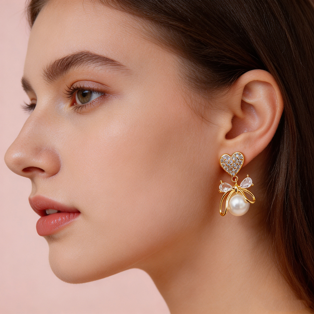 Heart Shape Ear Hook Earrings For Women With Bezel Setting, Copper Base, Electroplated 16K Real Gold Plated, Featuring Zircon Inlay 3