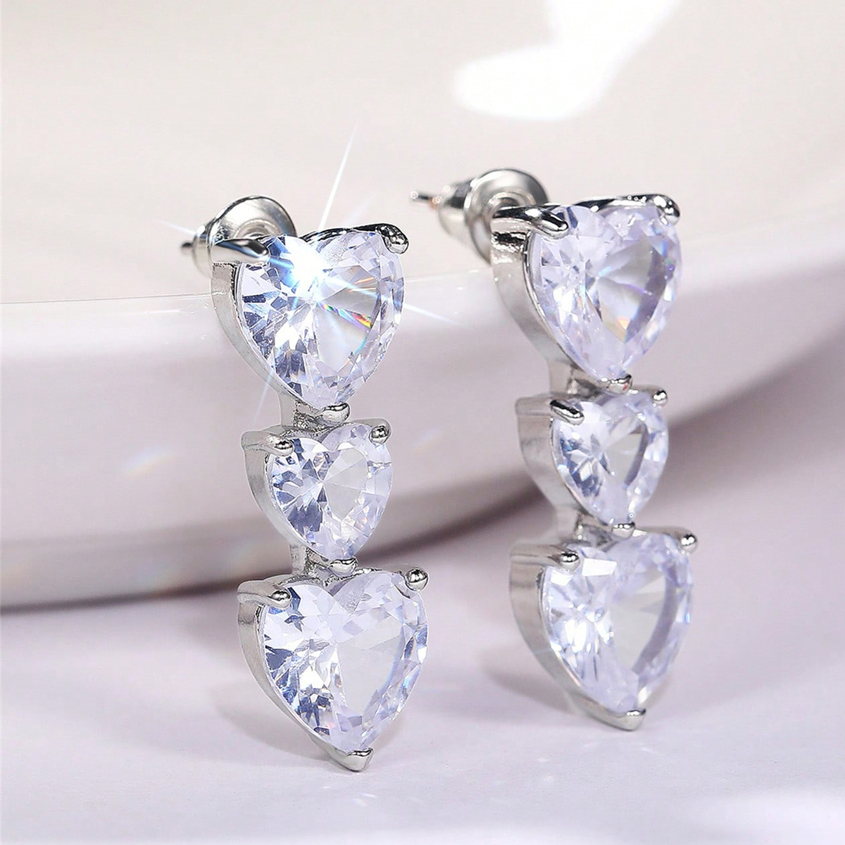 Heart Shape Earrings For Women With Claw Setting, Copper Material, White K Plated Water Plating, And Zircon Inlay 4