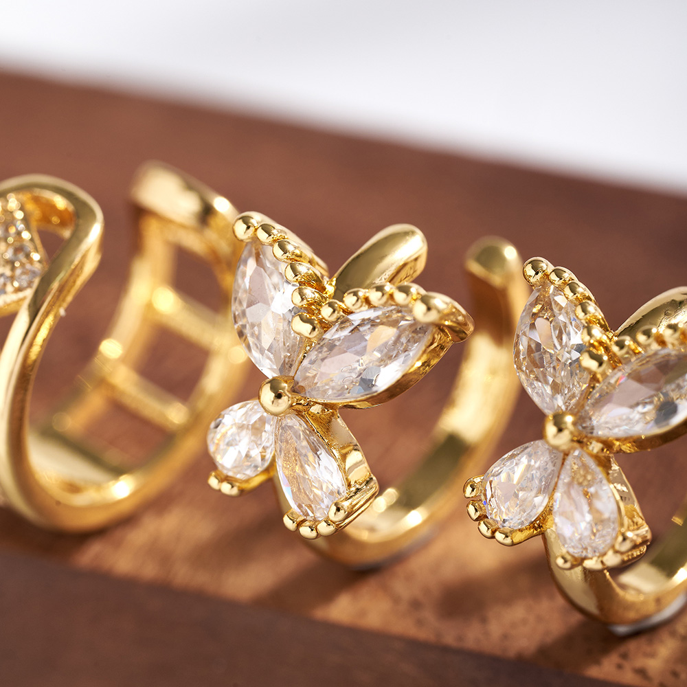 Heart Shape Electroplated Clip Earrings For Women In Copper With 18K Real Gold Water Plating And Zircon Inlay 3