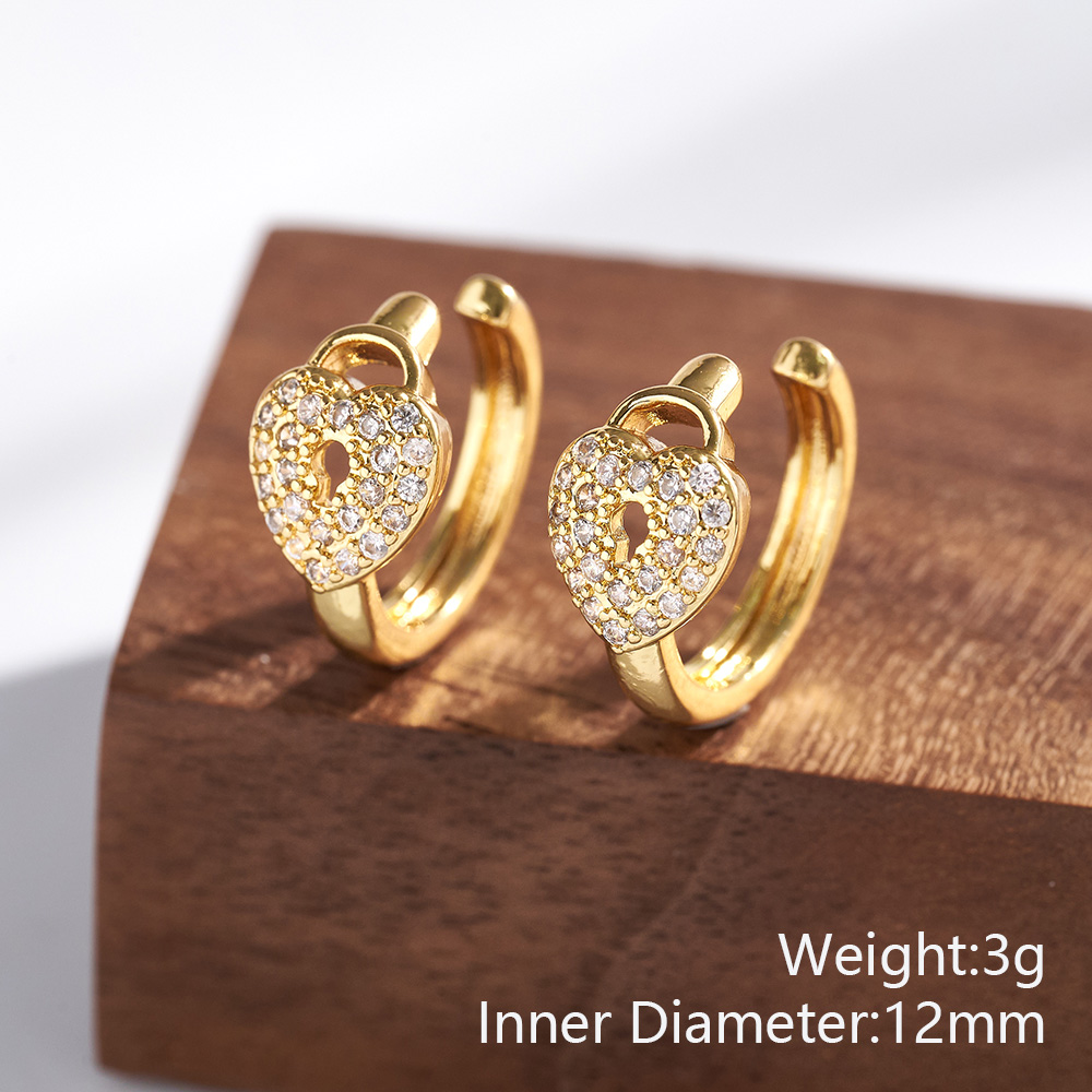 Heart Shape Electroplated Clip Earrings For Women In Copper With 18K Real Gold Water Plating And Zircon Inlay 5