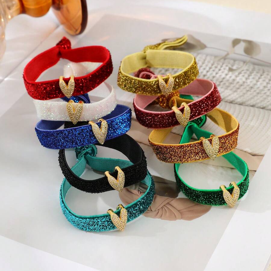 Heart Shape Electroplated Rope Bracelets With 18K Real Gold PVD Coated Plating And Zircon Inlay, Cord In Chain, 0.03µm-0.05µm Thickness