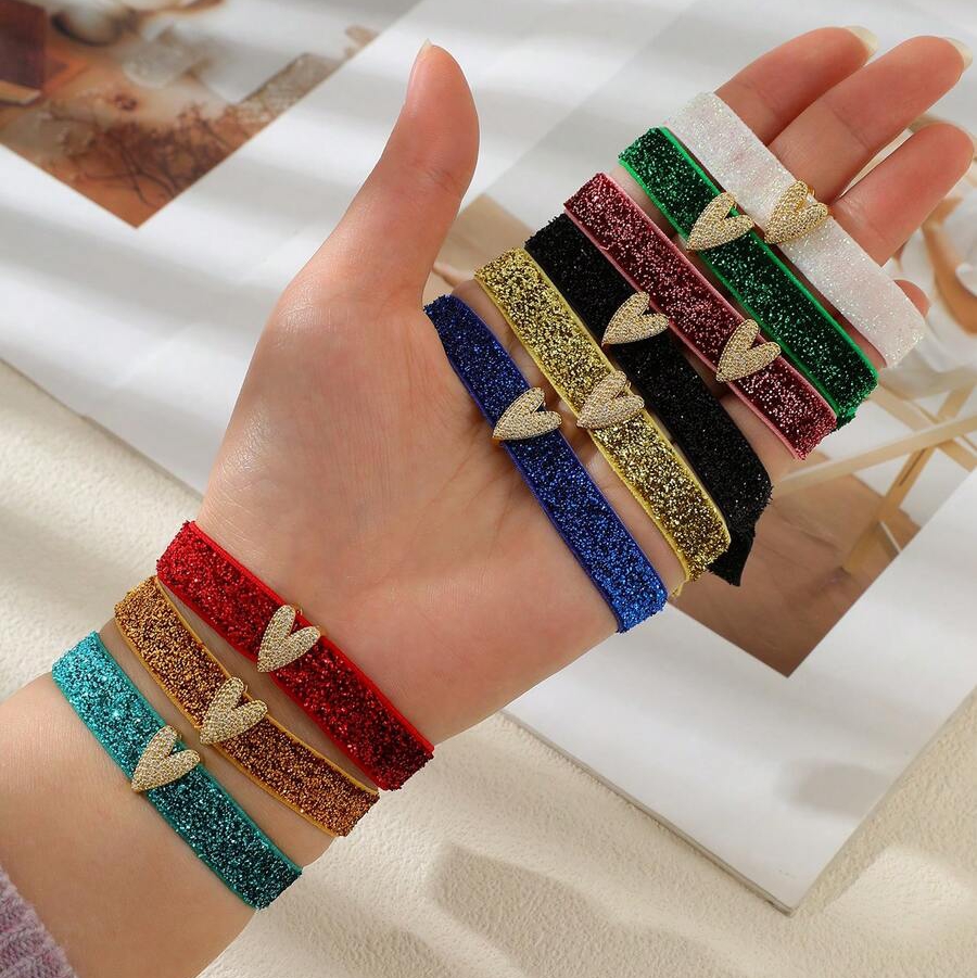 Heart Shape Electroplated Rope Bracelets With 18K Real Gold PVD Coated Plating And Zircon Inlay, Cord In Chain, 0.03µm-0.05µm Thickness 3