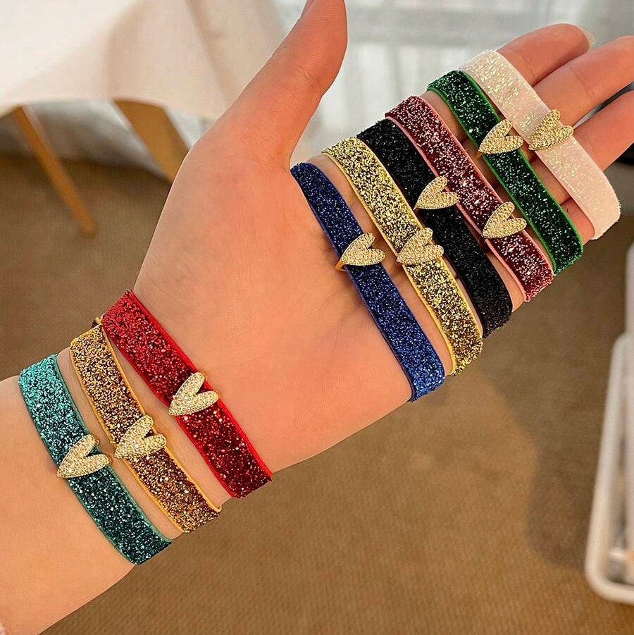 Heart Shape Electroplated Rope Bracelets With 18K Real Gold PVD Coated Plating And Zircon Inlay, Cord In Chain, 0.03µm-0.05µm Thickness 6