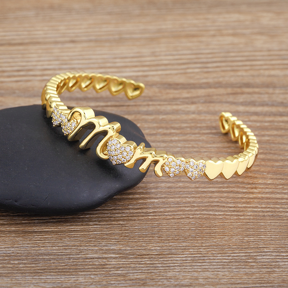 Heart Shape Gold Wristband For Women, 18K Real Gold Plated Copper With Zircon Inlay, Electroplated Bangle