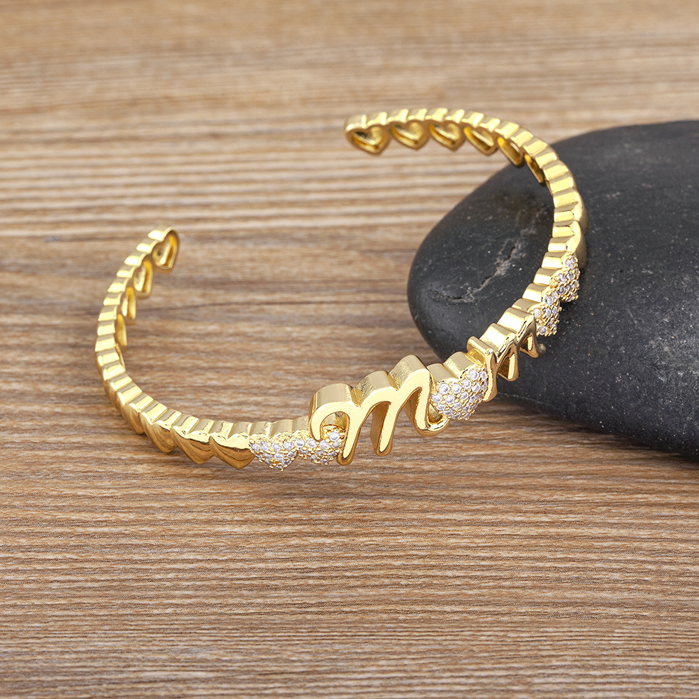 Heart Shape Gold Wristband For Women, 18K Real Gold Plated Copper With Zircon Inlay, Electroplated Bangle 3