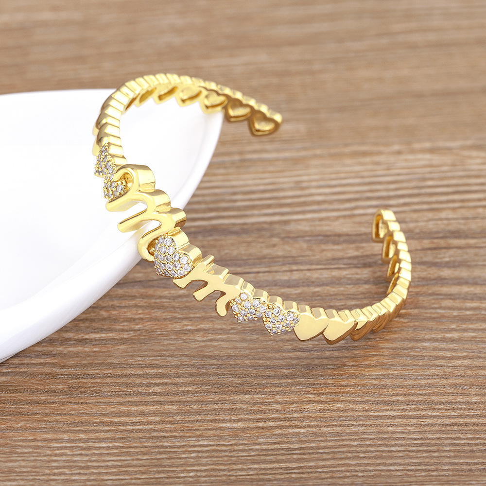 Heart Shape Gold Wristband For Women, 18K Real Gold Plated Copper With Zircon Inlay, Electroplated Bangle 4