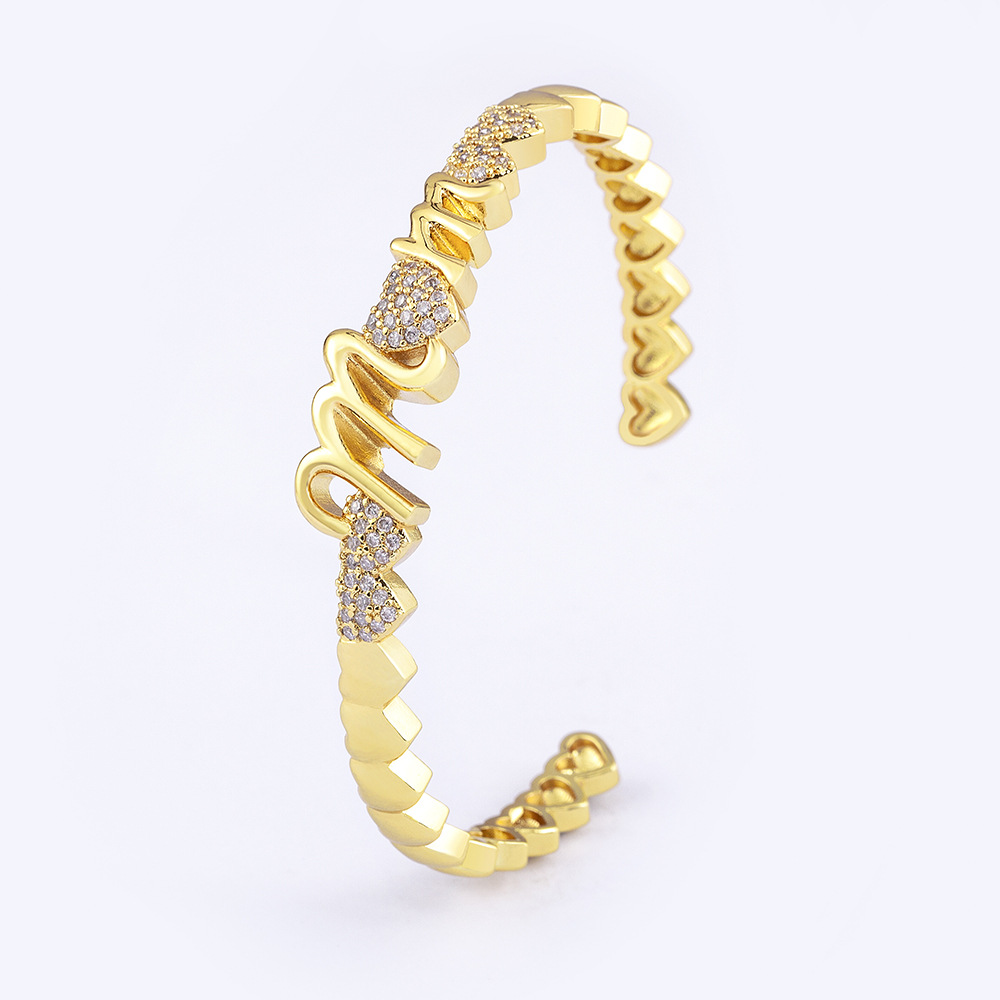 Heart Shape Gold Wristband For Women, 18K Real Gold Plated Copper With Zircon Inlay, Electroplated Bangle 5