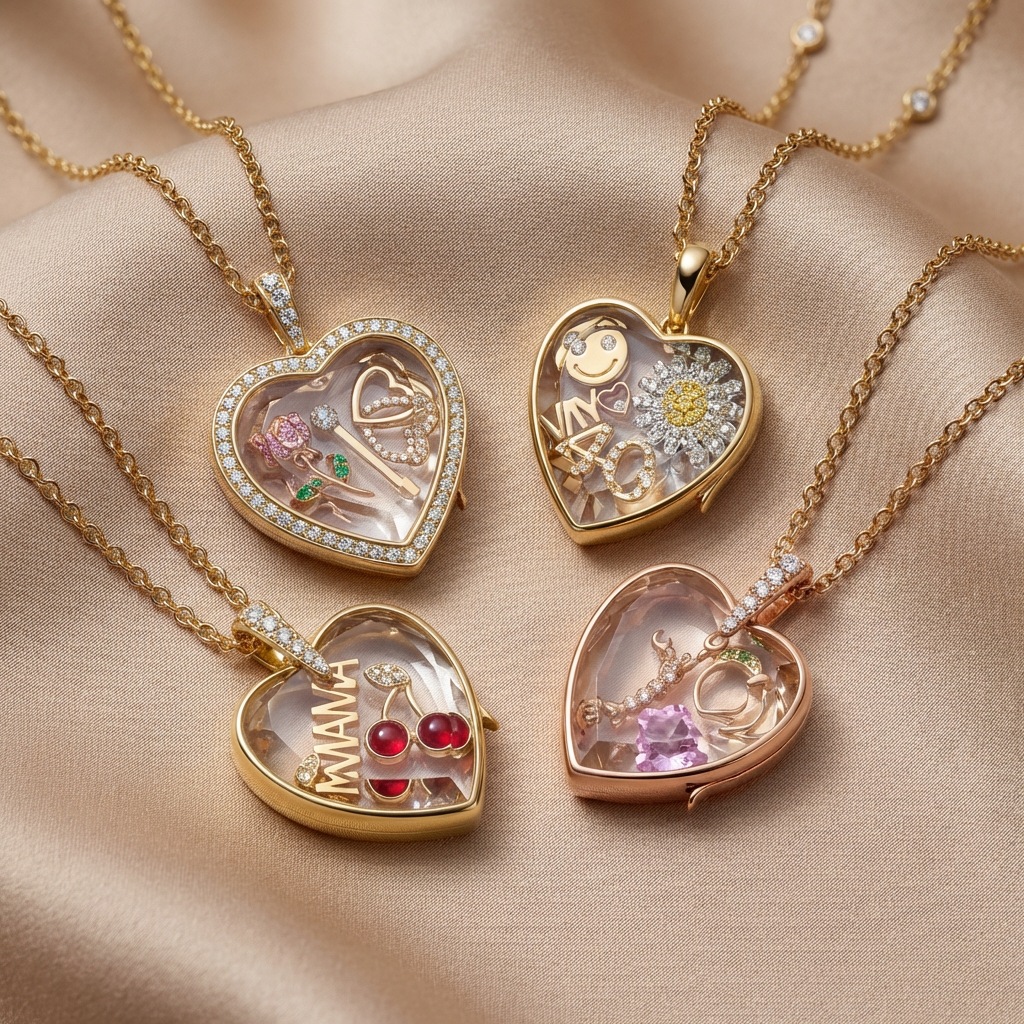 Heart Shape Locket Charms In Glass With Zircon, 14K Real Gold Plated And Electroplated Finish Jewelry Accessories