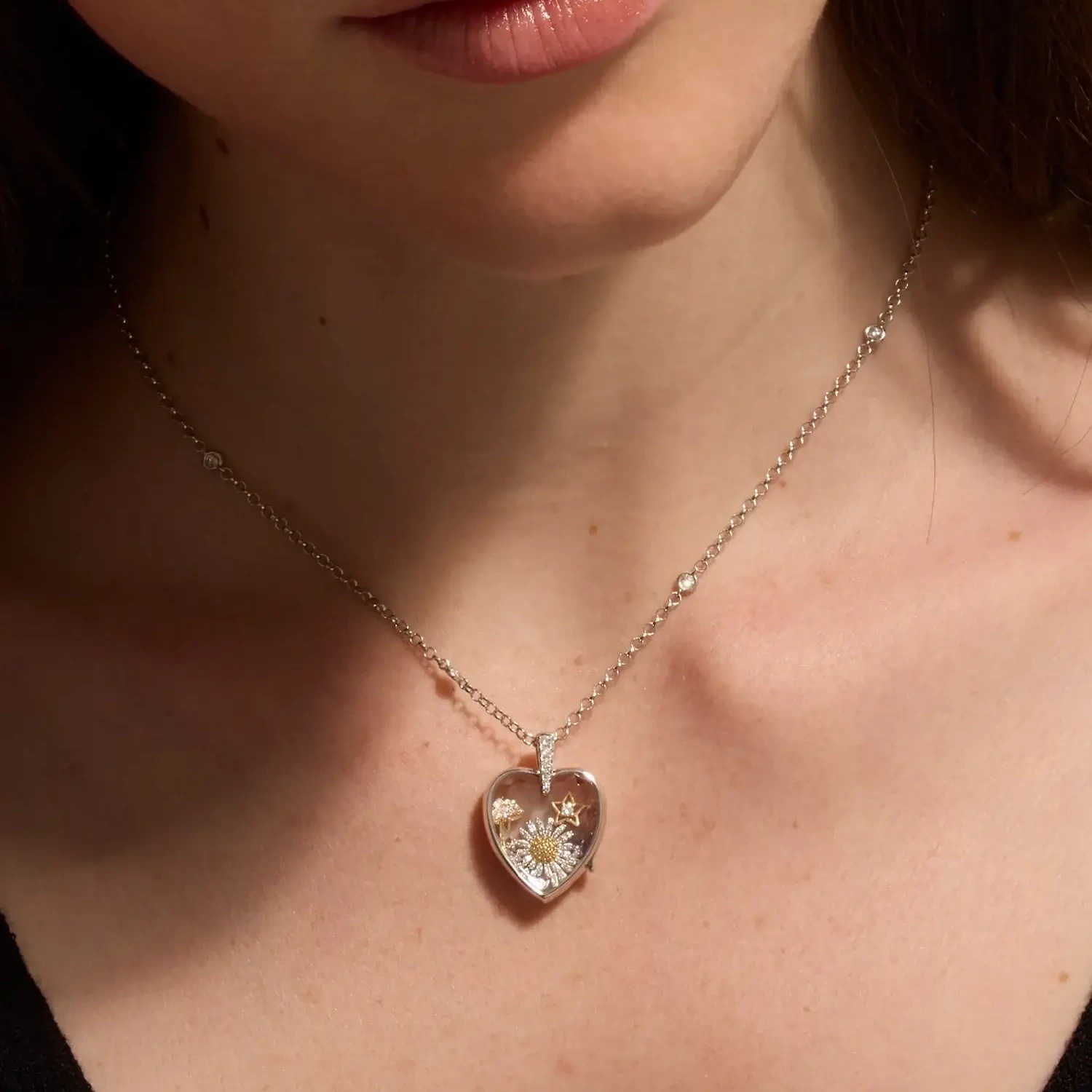 Heart Shape Locket Charms In Glass With Zircon, 14K Real Gold Plated And Electroplated Finish Jewelry Accessories 4
