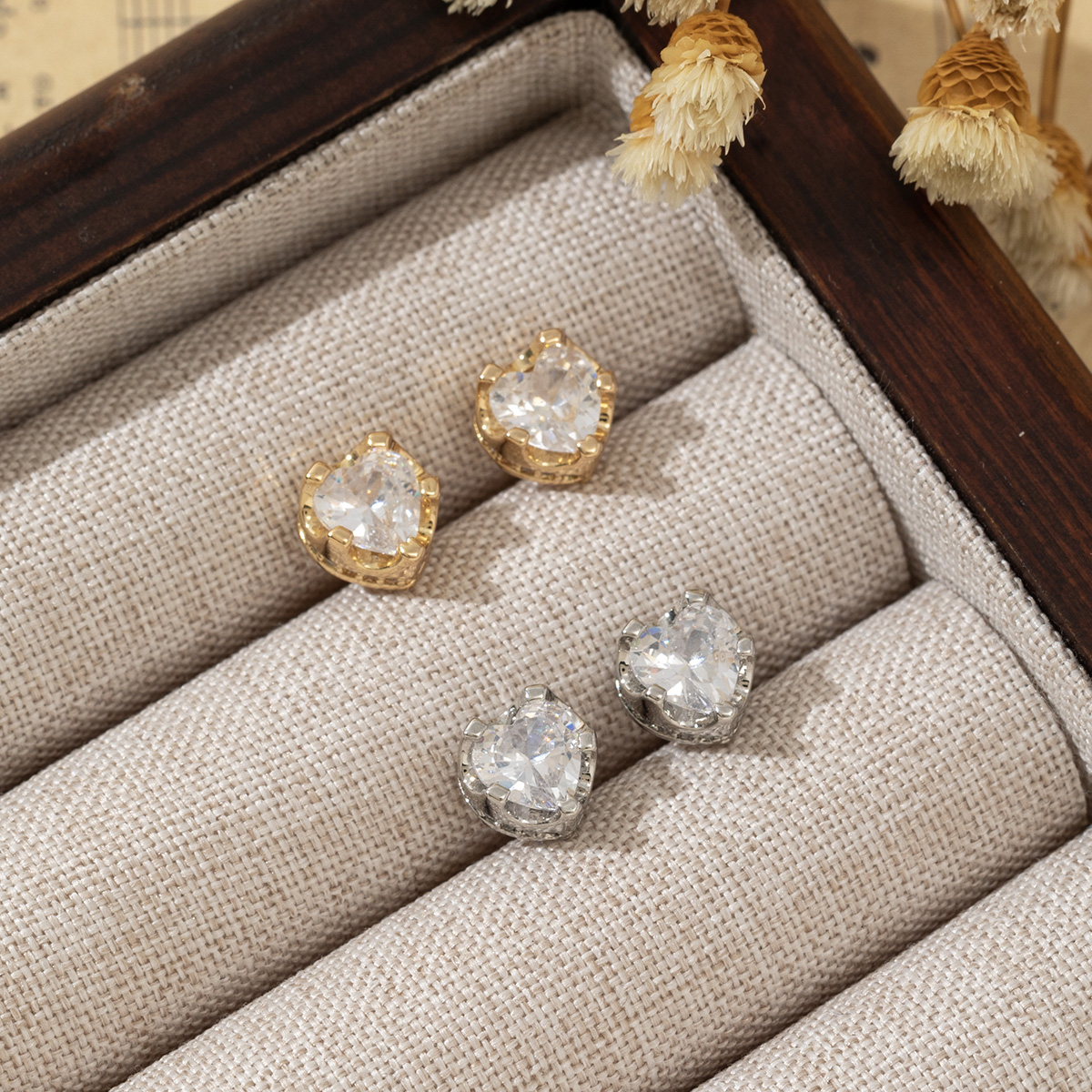 Heart Shape Stud Earrings For Women With Bezel Setting, Real Gold Plated Copper And Zircon Inlay, Featuring Water Plating